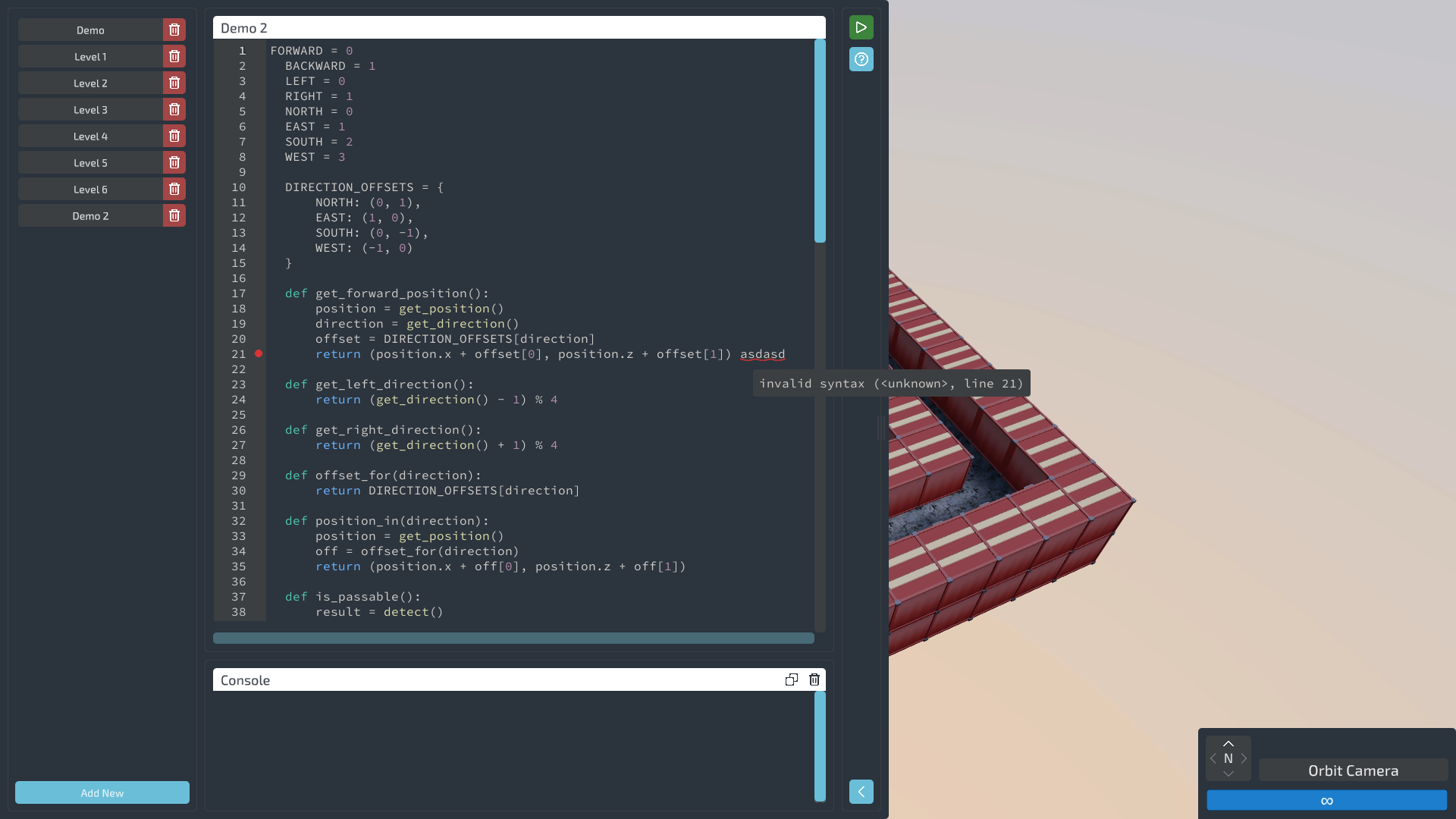 Code editor showing error feedback