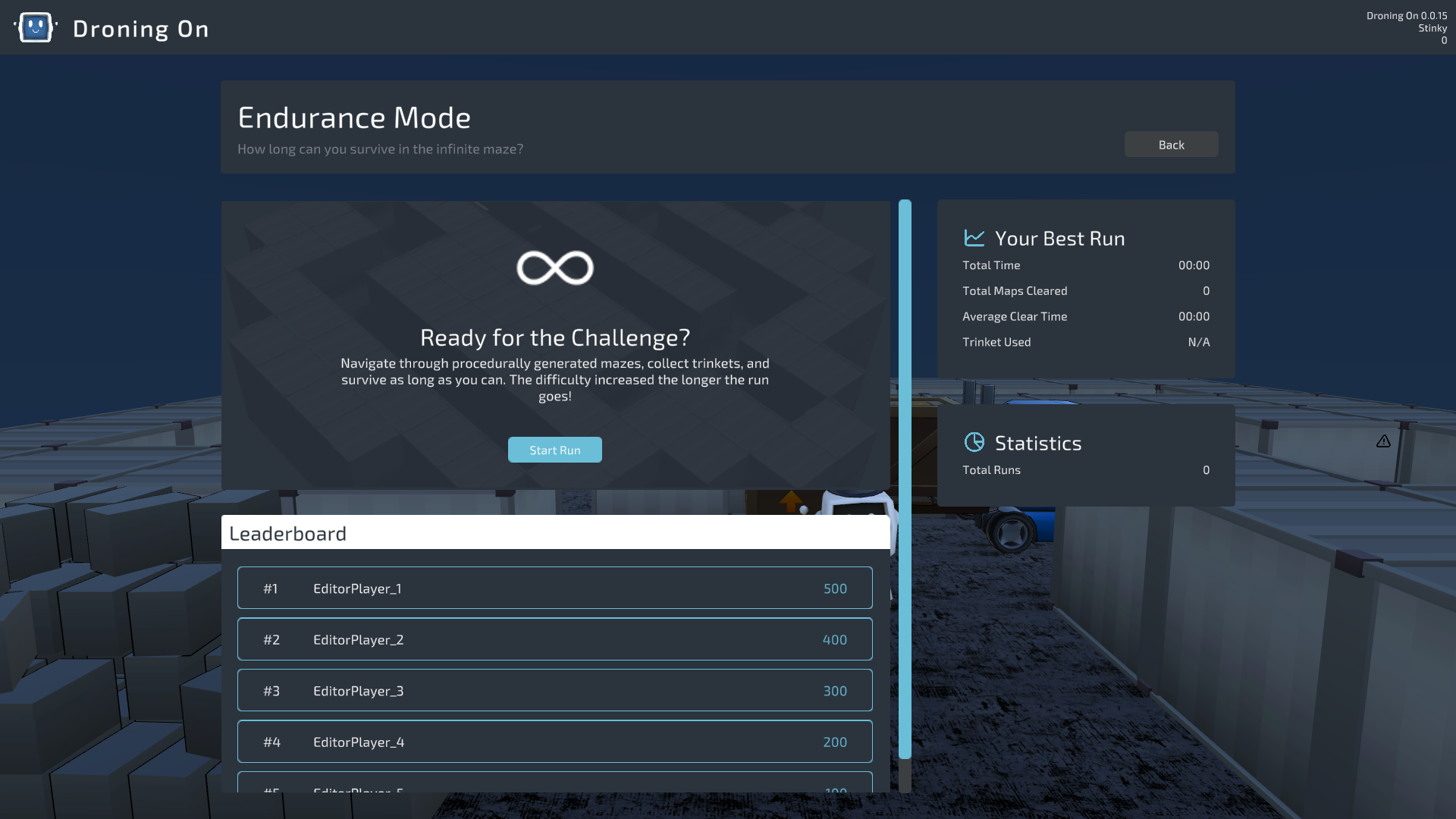 Endurance mode menu with leaderboard